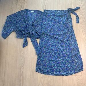 Floral silk print maxi skirt with matching wrap top - L - made in Greece (set)